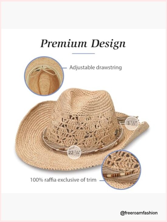 Natural Straw Cowboy Hat with Wide Brim, Adjustable, Shapeable Western Hat main image 6